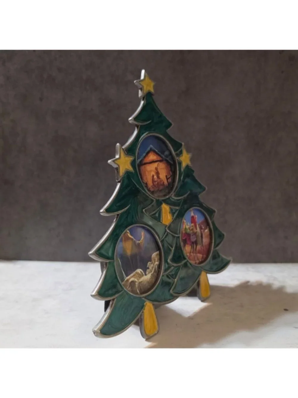 Vintage  Enamel Christmas Tree Nativity Triple Frame